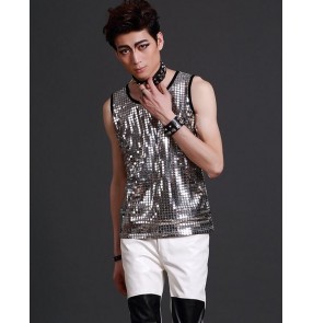 Silver red turquoise red turquoise blue sequins fashion men's man male tank competition performance punk rock hip hop  jazz ds singer vest tops sleeveless  